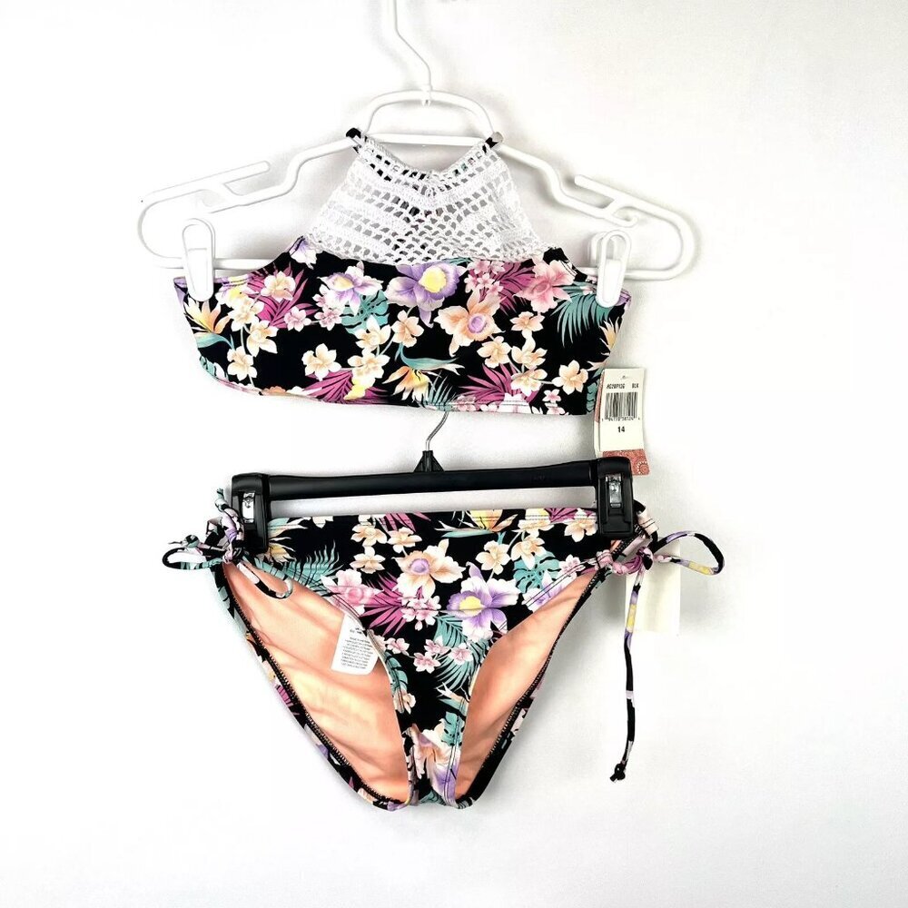 Hobie Girl’s Two Piece Black/Orange Bikini Swimsuit Set Size 14